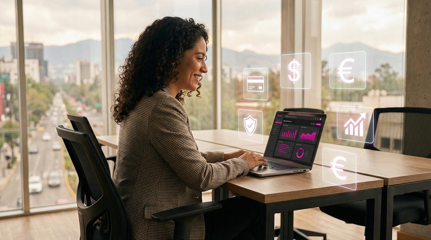 Empresaria mexicana controlando sus finanzas globales desde FITAL